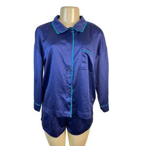Flora Nikrooz 2-Piece Pajama Set Navy Blue Button-Up Top & Shorts Sz M - New
